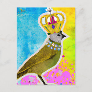 Cartão Postal Lindo Pássaro em uma Coroa Colagem Colorida