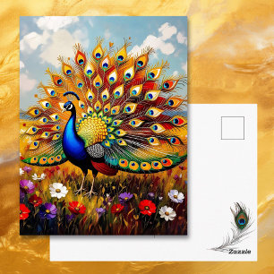 Cartão Postal Lindo Pavão Azul e Dourado Mantendo Contato