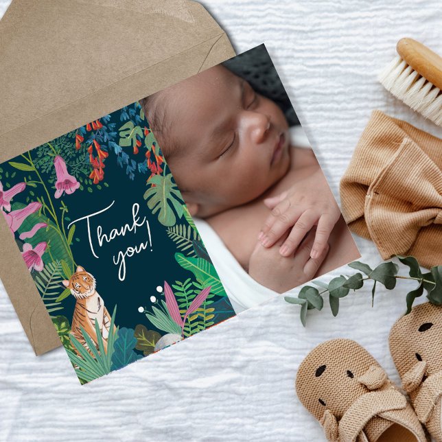 Cartão Postal Lindo Pequeno Tigre selva tropical Obrigado (Baby Shower Tiger jungle wildlife thank you card)