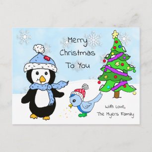 Cartão Postal Lindo Pinguim e Pássaro de Natal Caprichosos