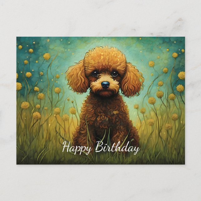 Cartão Postal Lindo Poodle Florido Prado Feliz Aniversário (Frente)