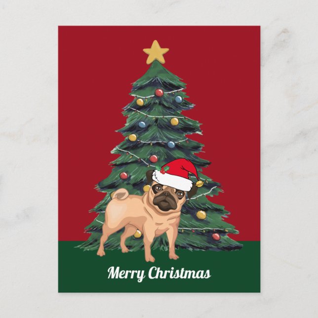 Cartão Postal Lindo Pug de Natal com Chapéu de Papai Noel Person (Frente)