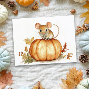 Cartão Postal Lindo Ratinho de Aquarela no Halloween Abóbora