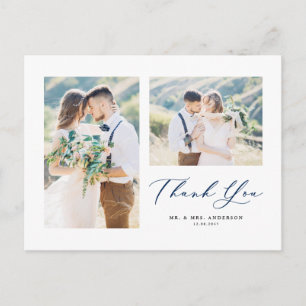 Cartão Postal Lindo Script Azul Dois Agradecimento de Colagem de