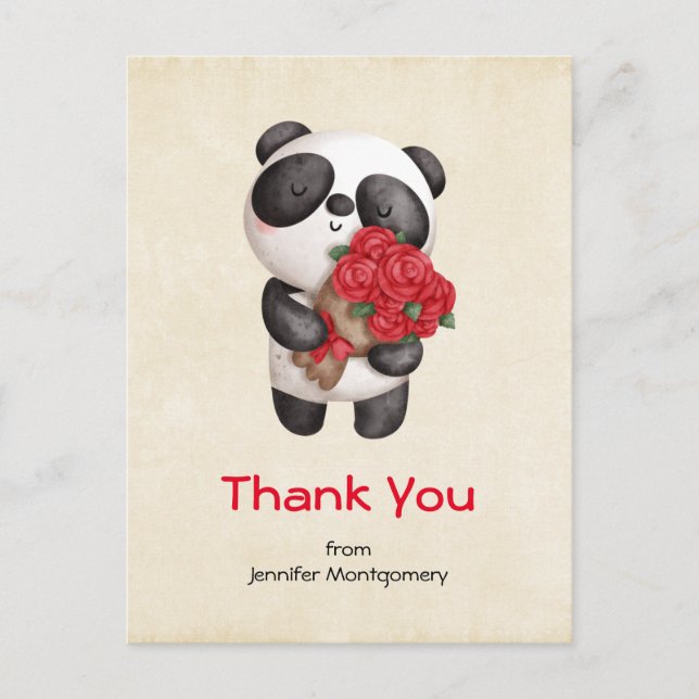 Cartão Postal Lindo Urso Panda com Buquê de Rosas Obrigado (Frente)