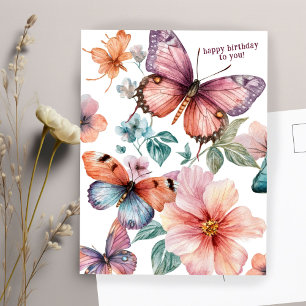 Cartão Postal Lindos Borboletas e Flores Feliz Aniversário