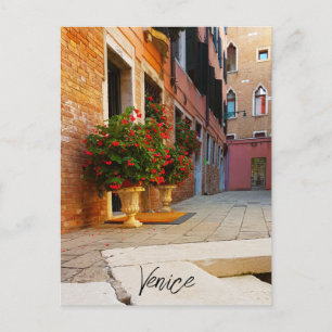 Cartão Postal Lindos canais de Flores Vermelhas de Veneza Itália