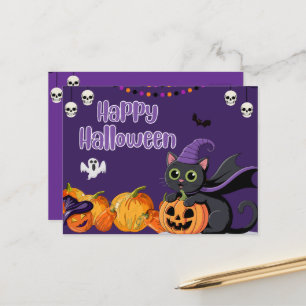 Cartão Postal Lindos Miúdos Feliz Halloween Gato Preto