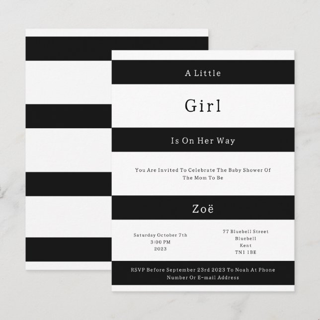 Cartão Postal Linear Chic Black And White Stripes Baby Invite (Frente/Verso)