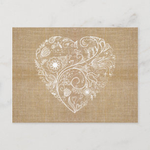 Cartão Postal Linen burlap flower heart