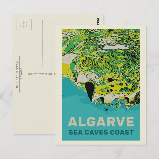 Cartão Postal Linha costeira das cavernas do Benagil Algarve Por (Frente/Verso)