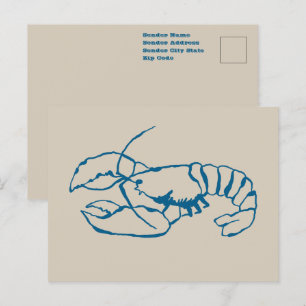 Cartão Postal Linha de Desenho de Lagosta Azul na Cor Bege de Pr