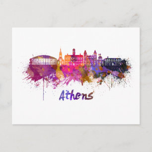 Cartão Postal Linha do horizonte de Atenas OH com aquarela