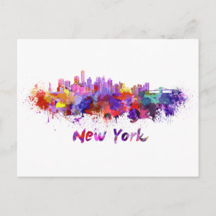 Cartão Postal Linha do horizonte de Nova Iorque com aquarela