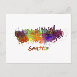 Cartão Postal Linha do horizonte de Seattle em aquarela