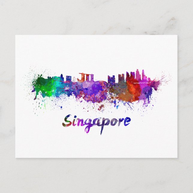 Cartão Postal Linha do horizonte de Singapura em aquarela (Frente)