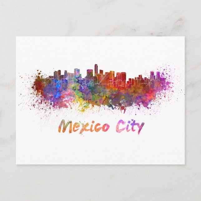 Cartão Postal Linha do horizonte na Cidade do México em aquarela (Frente)