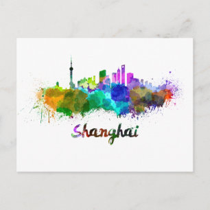 Cartão Postal Linha do horizonte Shangai em aquarela