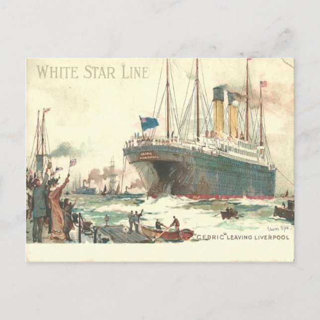 Cartão Postal Linha White Star R.M.S. Cedric deixa Liverpool (Frente)