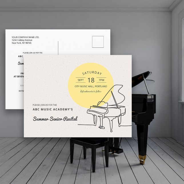 Cartão Postal Linhas Desenho Grande Piano Considerando Salvar a  (Line Drawing Grand Piano Recital Save the Date Postcard)
