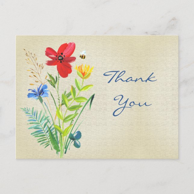 Cartão Postal Linho com Buquê de Flores Pintadas Obrigado (Frente)