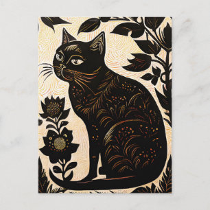 Cartão Postal Linoco de Gato Negro Entre Flores
