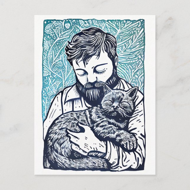 Cartão Postal Linocut Bearded Man segurando um gato (Frente)