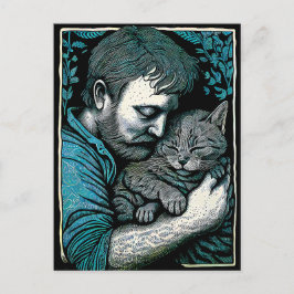 Cartão Postal Linocut Bearded Man segurando um gato