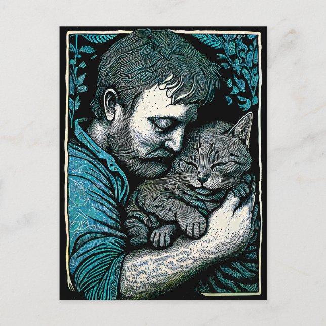 Cartão Postal Linocut Bearded Man segurando um gato (Frente)
