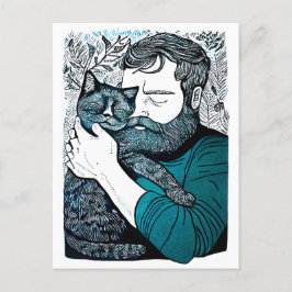 Cartão Postal Linocut Bearded Man segurando um gato