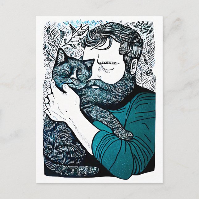 Cartão Postal Linocut Bearded Man segurando um gato (Frente)