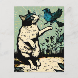 Cartão Postal Linocut Cat Tentando pegar um pássaro