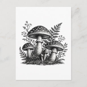 Cartão Postal Linocut de cogumelos florestais vintage