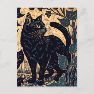 Cartão Postal Linocut de um Gato Preto Entre Plantas com Fundo A
