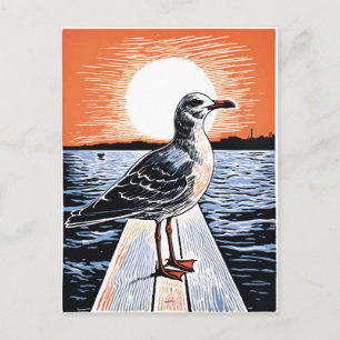 Cartão Postal Linocut de uma gaivota no Pier ao pôr do sol