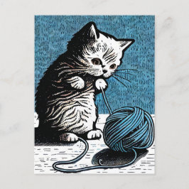 Cartão Postal Linocut Kitten Brincando com uma Bola de Fios
