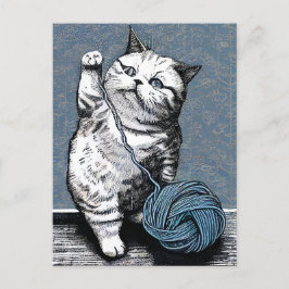 Cartão Postal Linocut Kitten Brincando com uma Bola de Fios