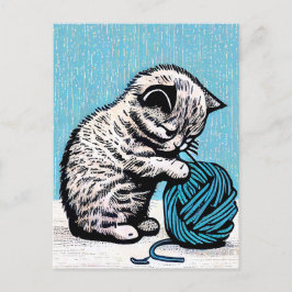 Cartão Postal Linocut Kitten Brincando com uma Bola de Fios
