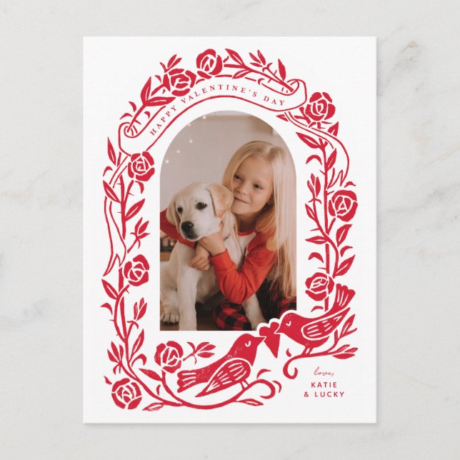 Cartão Postal Linocut lovebird e rosa (Frente)