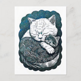 Cartão Postal Linocut White e Black Cat Dormindo juntos