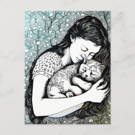 Cartão Postal Linocut Young Woman segurando um gato