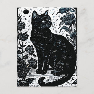 Cartão Postal Linóleo de um Gato Preto Entre Flores