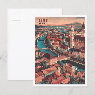 Cartão Postal Linz Áustria Arte Ilustração de Viagem Vintage