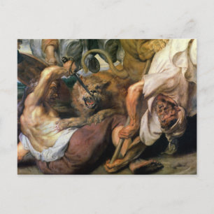 Cartão Postal Lion Hunt, detalhe de dois homens e um leão, 1621