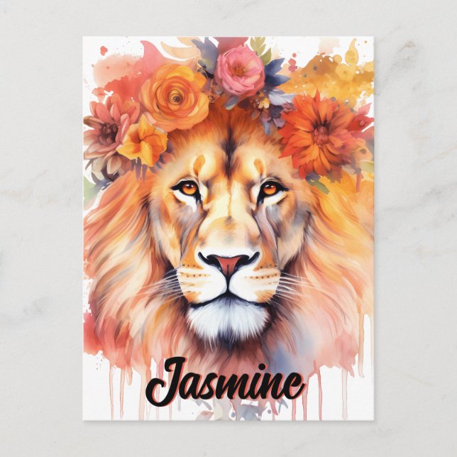 Cartão Postal Lion Pastel Flowers Safari Watercolor Savannah Cat (Frente)