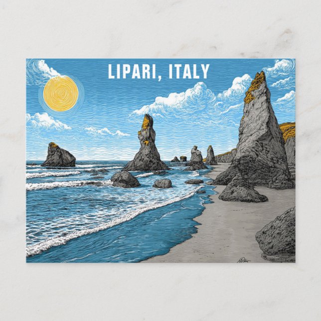 Cartão Postal Lipari Itália Beach Ocean Rocks Watercolor Viagem (Frente)