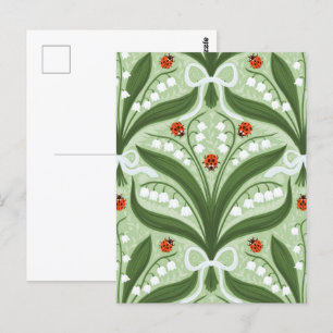Cartão Postal Lírio do vale e joaninhas simetria em verde,