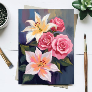 Cartão Postal Lirios Brancos Buquê de Rosa Rosa Floral Aquarela