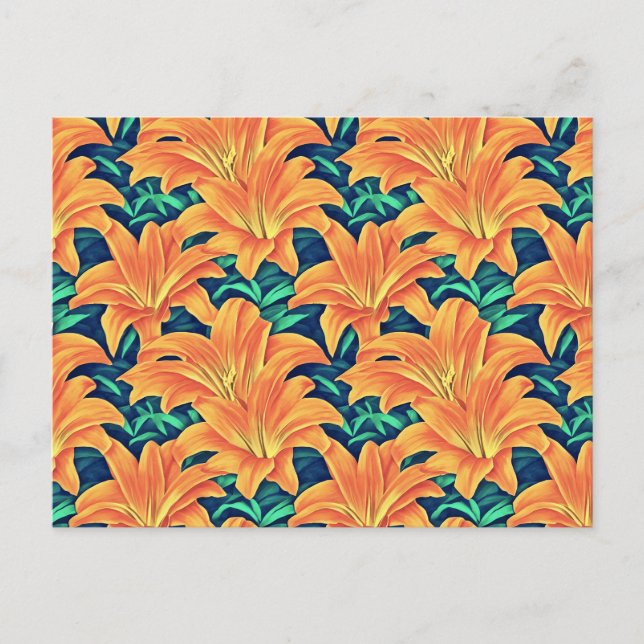 Cartão Postal Lírios do Dia Laranja com Folhas Verdes (Frente)