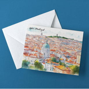 Cartão Postal Lisboa Portugal Vista Panorâmica em Aquarela